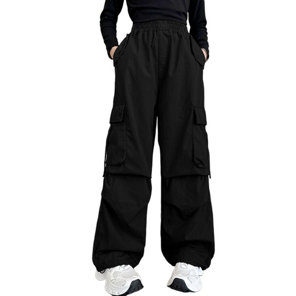 Glisme Little Girls Cargo Pants Fleece Lined Wide Leg With Pockets Autumn Casual Girls Baggy Trousers