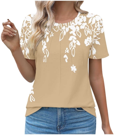 DeHolifer Summer T Shirt for Women Crewneck Floral Prined Short Sleeve Casual Tee T Shirt Loose Dressy Pullover Tops Khaki M