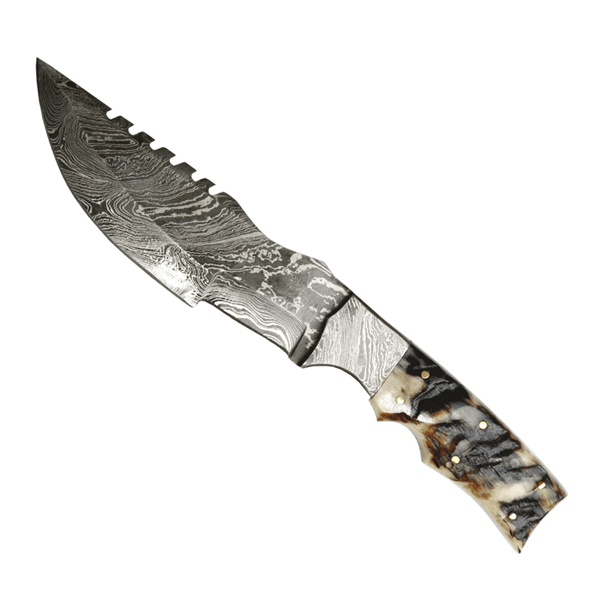 TheBoneEdge 10.5" Damascus Steel Fixed Blade Full Tang Black Ram Horn Handle Hunting Knife