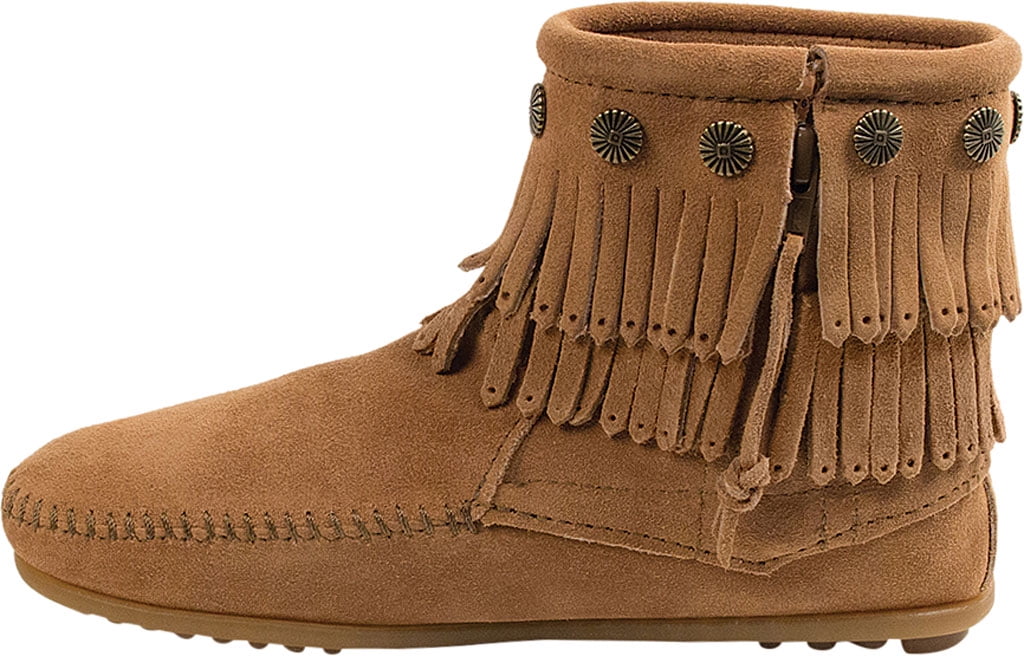 Women's Minnetonka Double Fringe Side Zip Boot Taupe Suede 10 M