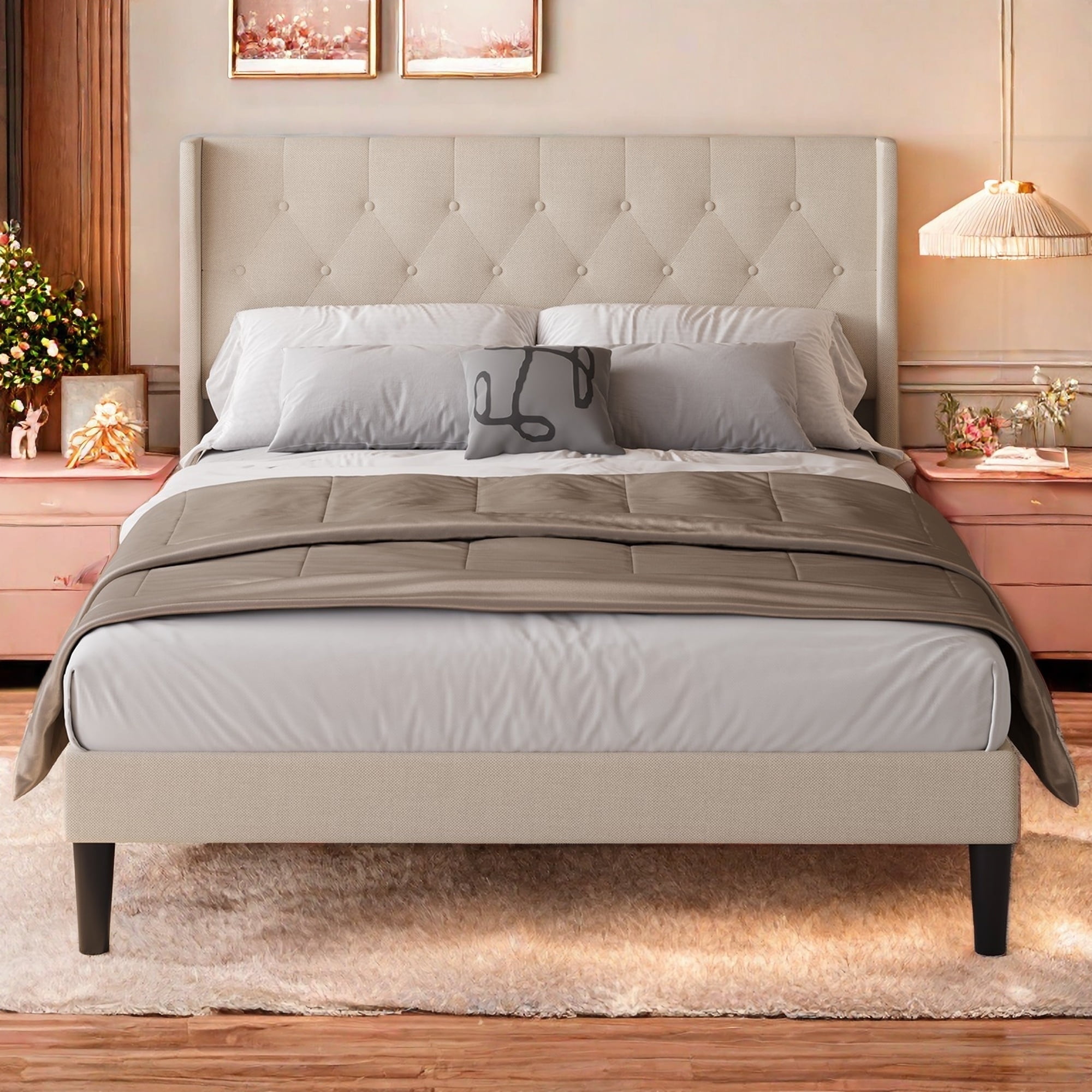 Mainstays Hillside Diamond Tufted Upholstered Queen Platform Bed Navy Walmart