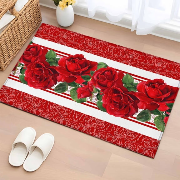 Bathroom Rugs 2x3 Ft, Red Roses Non Slip Area Rugs for Kitchen Bedroom Entryway, Valentine's Day Romantic Flowers Green Leaf Stripes Washable Carpet Runner Rug Floor Mats for Bedroom Home Decor