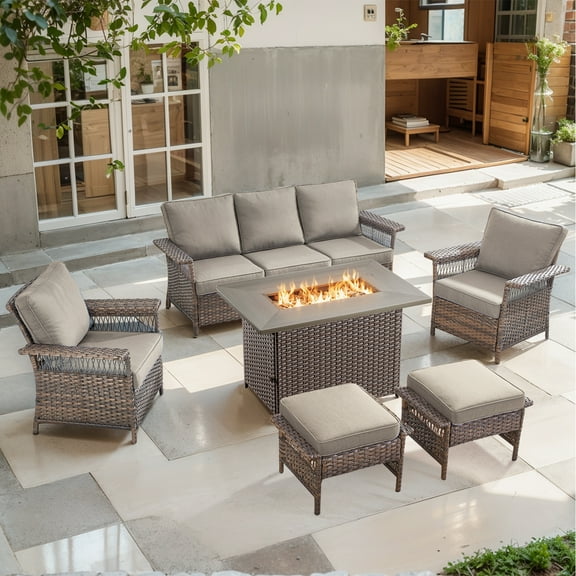 POCASSY Wicker Outdoor Furniture Patio Furniture Set with Fire Pit Table - Patio Furniture Set with Outdoor Couch Patio Chairs and 50000BTU Fire Pit, Ideal Furniture Set for Backyard Porch, Gray
