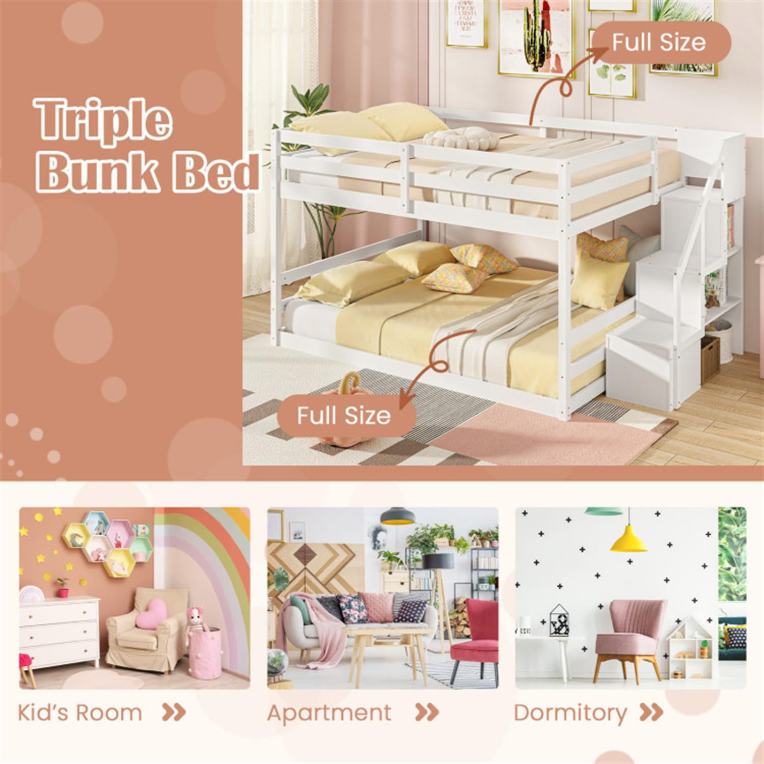 Demi Bonn Full Over Full Bunk Bed with Safety Rail and Storage Stairs, Space-saving Solid Wood Bed Frame, White