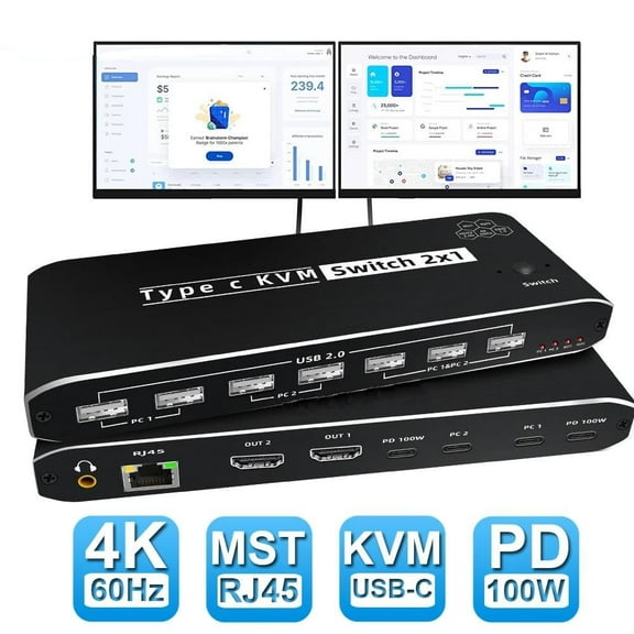 AUBEAMTO 2x1 8K Thunderbolt 4 USB C KVM Switch RJ45 100W PD Charge 4K 144Hz Type C KVM Switch Switcher for 2 Computer 1 Monitor