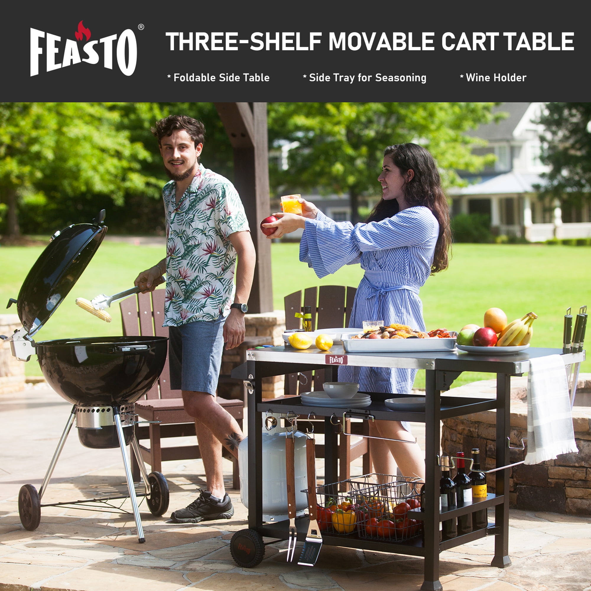 Feasto L50" 3-Tier Rolling Kitchen Cart, Stainless Steel Mobile Food Prep Table for Outdoor & Indoor Use
