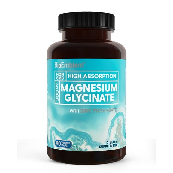 BioEmblem Magnesium Glycinate with Zinc - 300mg Chelated Magnesium Supplement - High Absorption Vegan Non-GMO 2-In-1 Complex - Immune Support, Muscles, Nerves - 90 Capsules