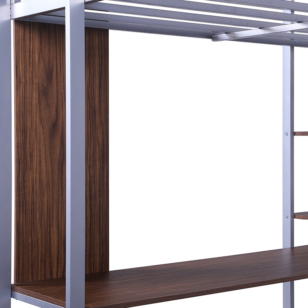 Kepooman Full Size Metal Loft Bed with 2 Shelves and one Desk ,Silver Kepooman Full Size Metal Loft Bed with 2 Shelves and one Desk ,Silver
