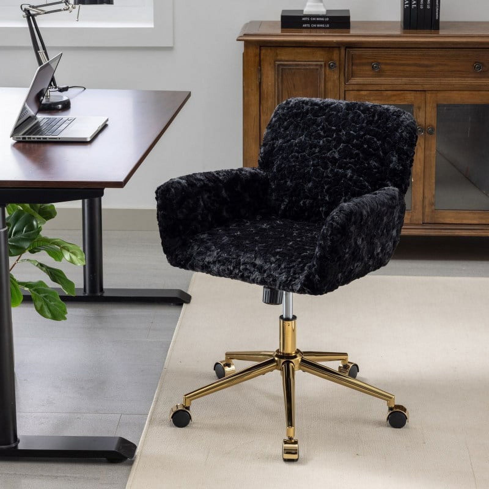 Faux Fur Office Chair for Women & Teens, Adjustable Swivel Desk Chair with Metal Base & Colorful Wheels, 22.5"W x 21.5"D, Ivory Vanity Chair/B