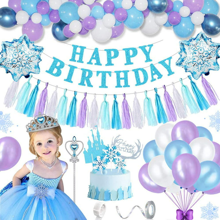 Frozen Balloons Garland Arch Kit-Blue and Purple Balloons Different Sizes  with Fringe Curtain and Snowflake Balloons for Princess Girl Baby Shower