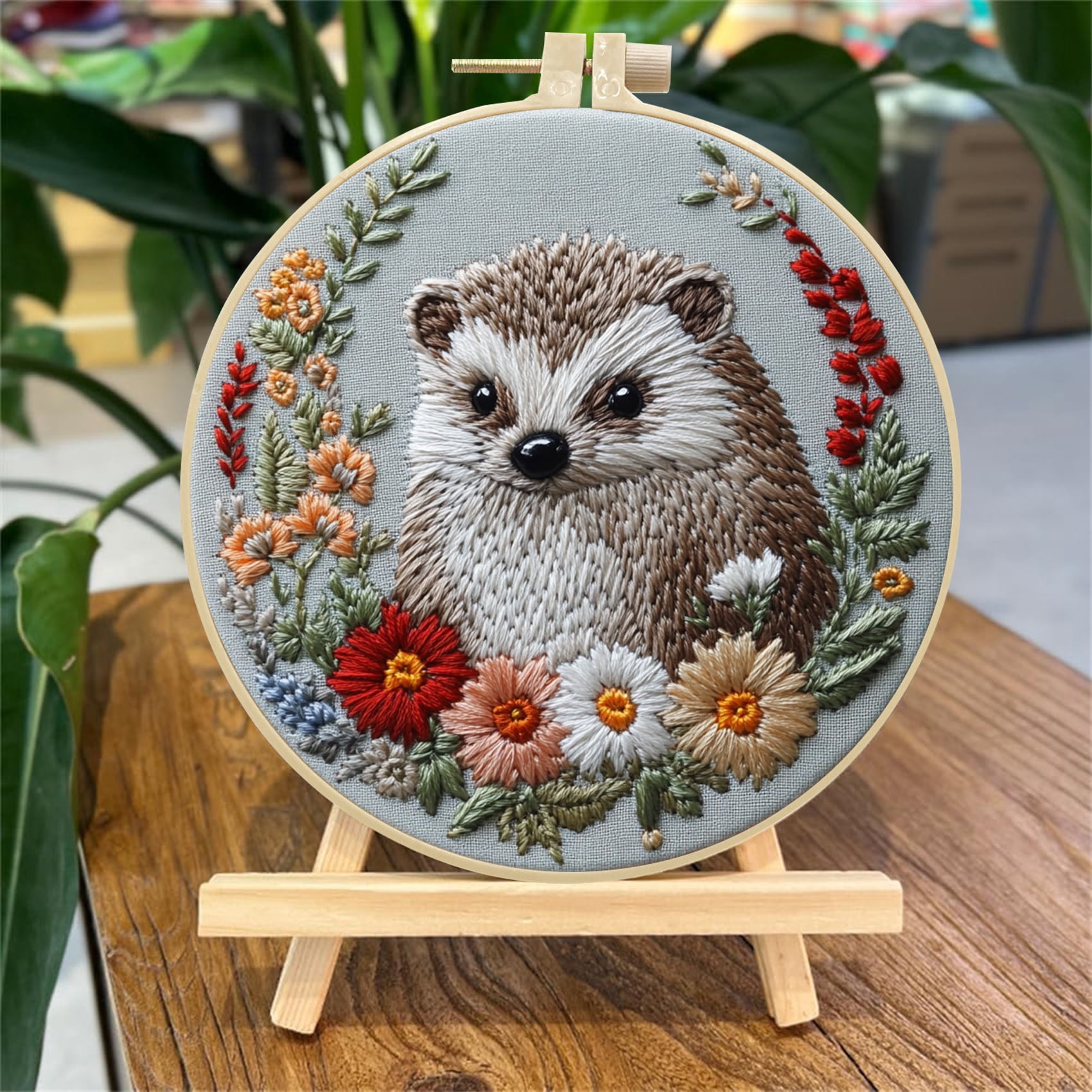 HVEST 4 Pack Hedgehog and Flower Embroidery Kit for Beginners -  Cute Animal with Embroidery Pattern, Hoop, Complete Cross Stitch Supplies (Needle/Threads/Scissors) DIY Craft for Adults Sewing Hobby