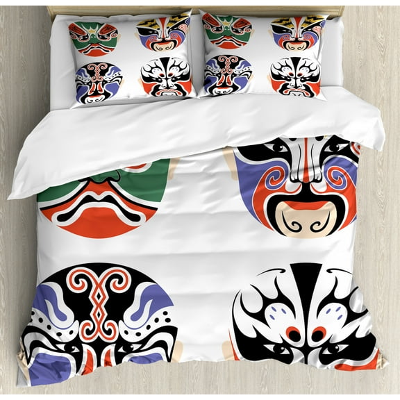 Kabuki Mask Duvet Cover Set Queen Size, Traditional Chinese Cultural Opera Mask Composition Asian Tribal Art Theme, Decorative 3 Piece Bedding Set with 2 Pillow Shams, Multicolor, by Ambesonne