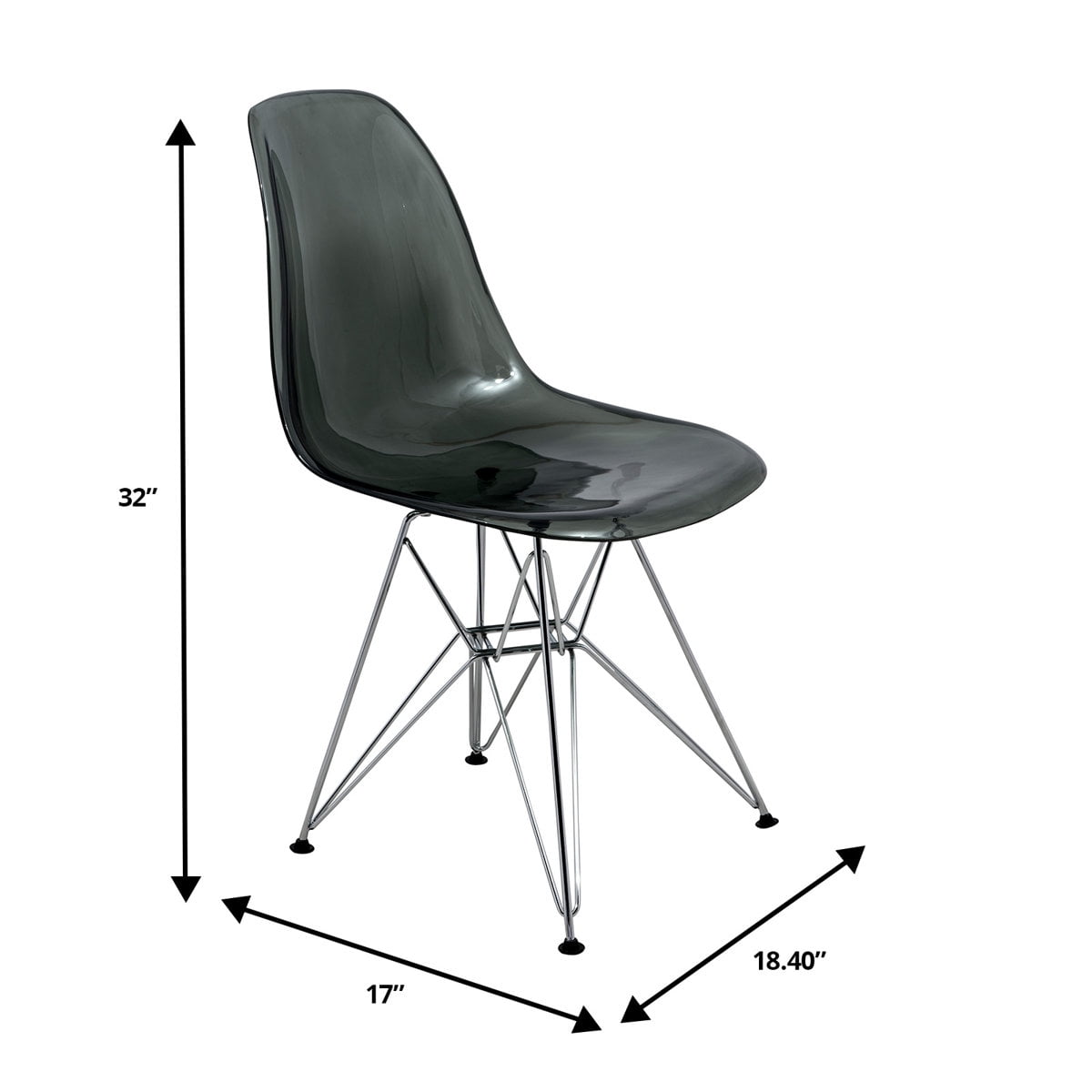 Cresco Dining Chair in Acrylic with Chrome Eiffel Base and Curved Back Design Lightweight Easy Assembly for Modern Home, Kitchen, Cafes in Transparent Black