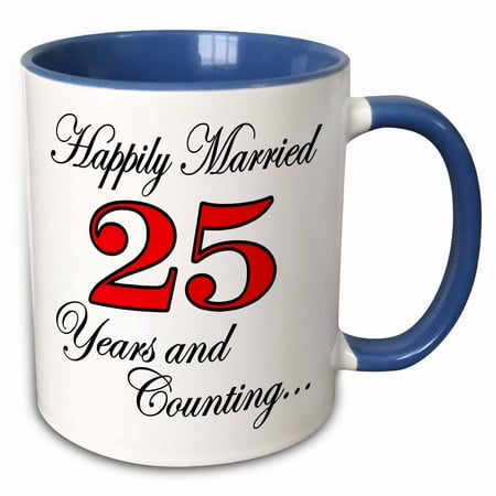 

3dRose Happily married 25 years and counting. Red. - Two Tone Blue Mug 11-ounce