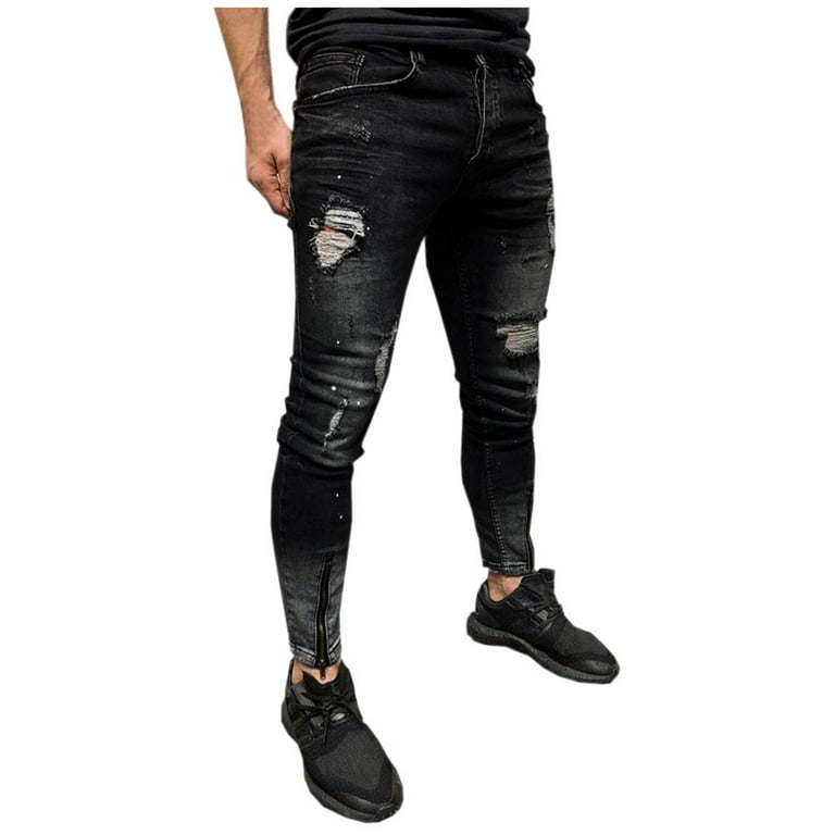 Mens black skinny cheap stretch ripped jeans