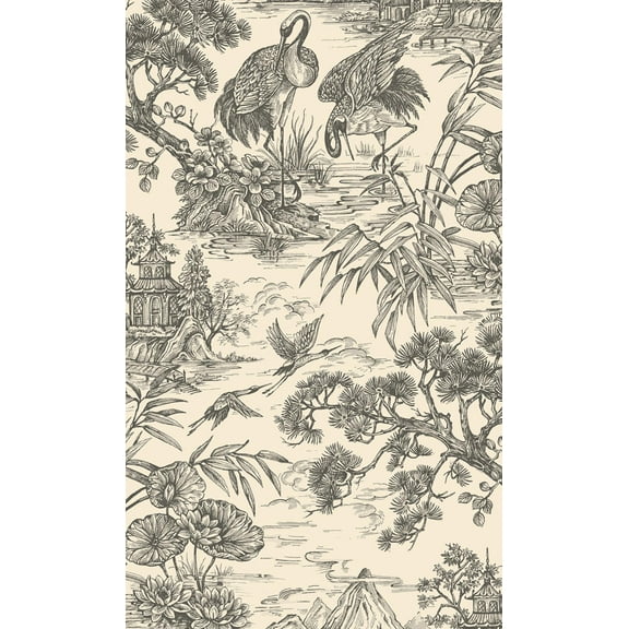 Charcoal Cream Majestic Crane Tropical Wallpaper
