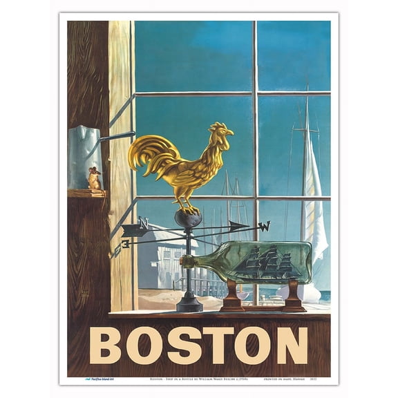 Boston - Ship in a Bottle Rooster Weathervane - Vintage Travel Poster by William Ward Beeche c.1950s - Master Art Print (Unframed) 9in x 12in