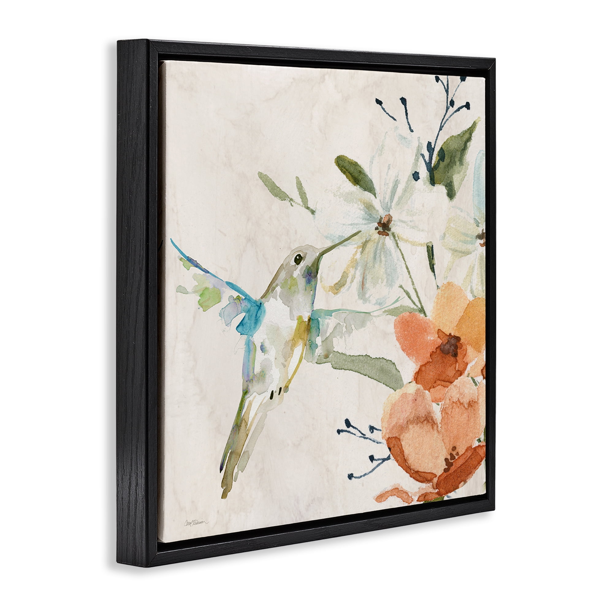 Stupell Industries Soft Florals & Hummingbird Plants & Flowers Painting Black Floater Framed Canvas Art Print Wall Art, 18 x 18