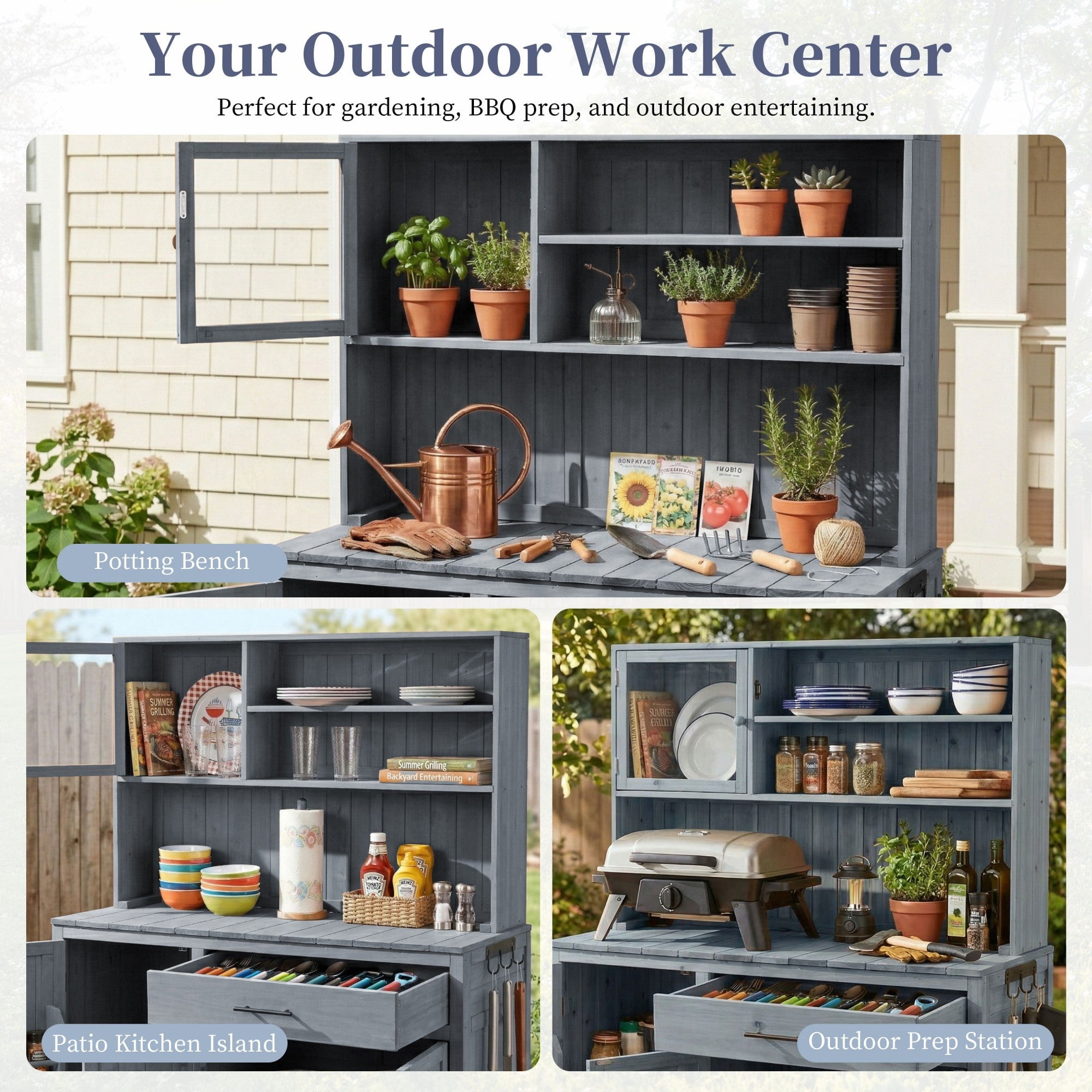 Sailvan 65" Solid Wood Patio Kitchen Island & Garden Potting Bench,Outdoor Grill Prep Station with Storage Cabinet,Hutch and Spice Rack Gray