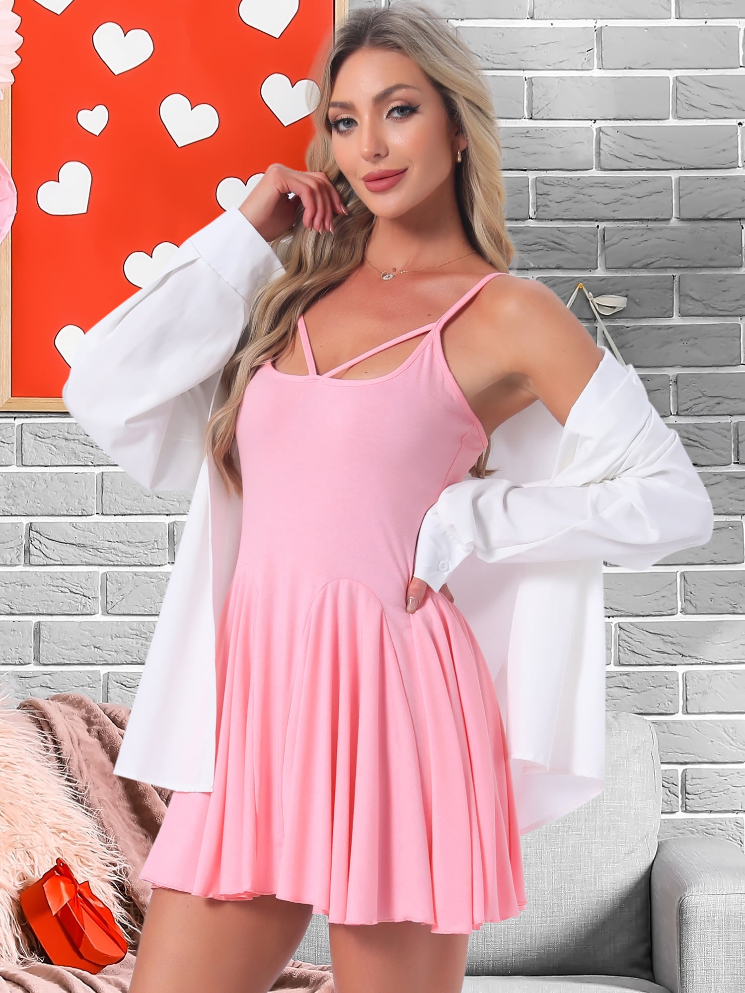 DARING DIVA Women's Nightgown Ruffle Spaghetti Strap Babydoll Chemise Dress S Pink
