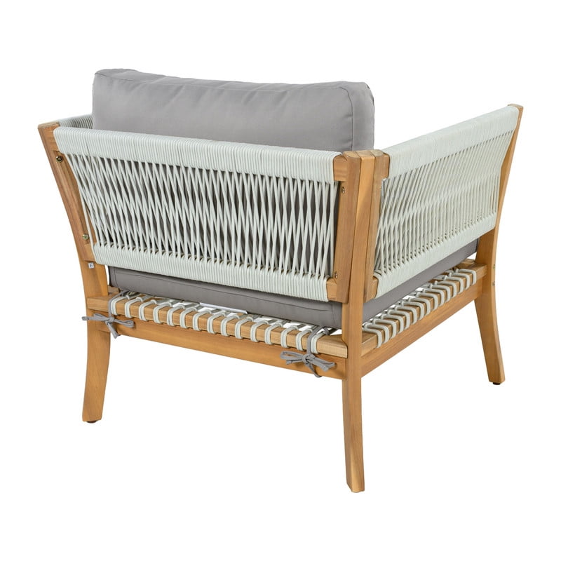 1Pcs Outdoor Acacia Wood Dining Chair with Woven Rope Armrests, Weather-Resistant Modern Accent Armchair with Thick Cushions