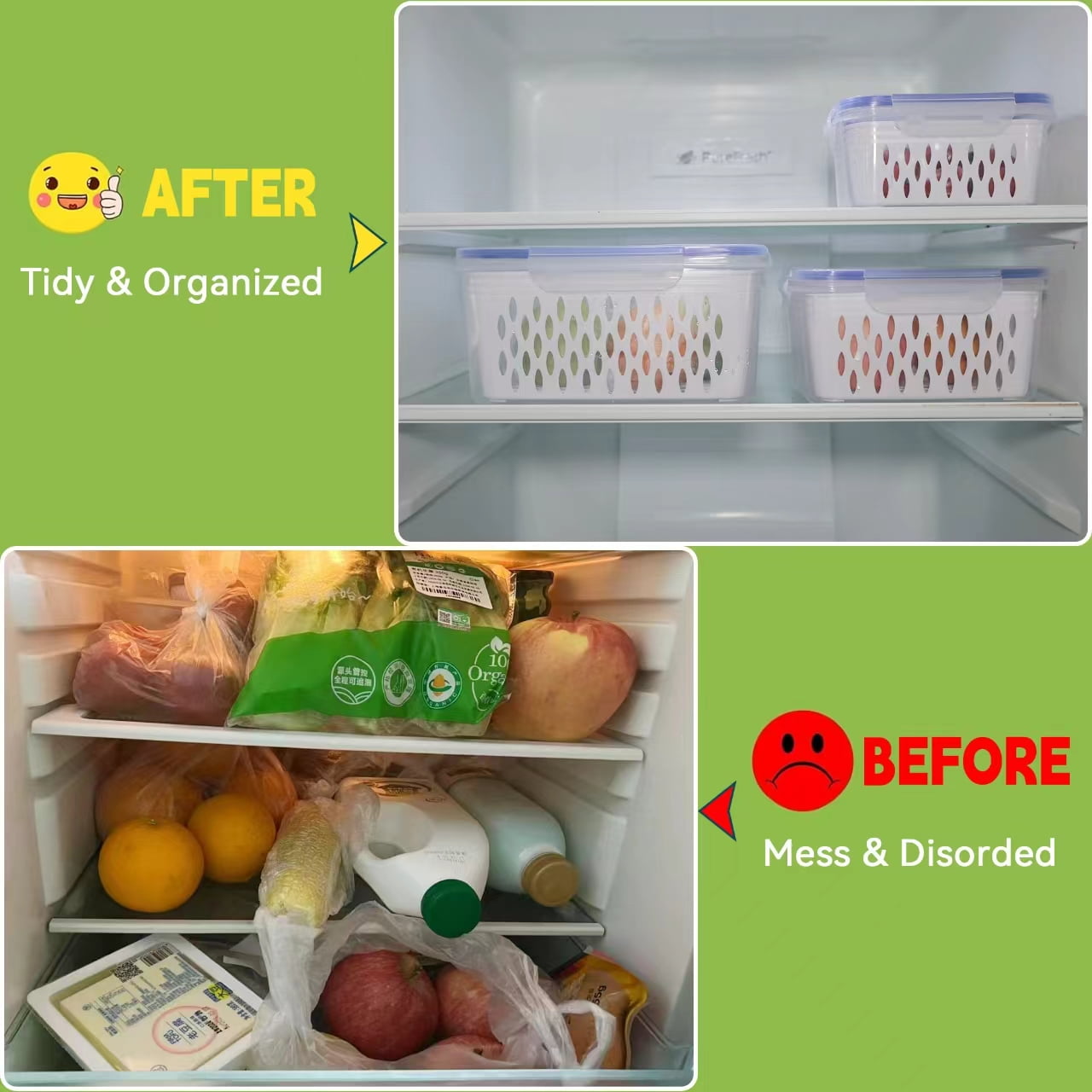 Fukushima Fruit Storage Containers for Fridge, 3 Pack Food Saver with Airtight Lid & Colander for Salad Berry Lettuce Vegetable Storage, Refrigerator Organizer