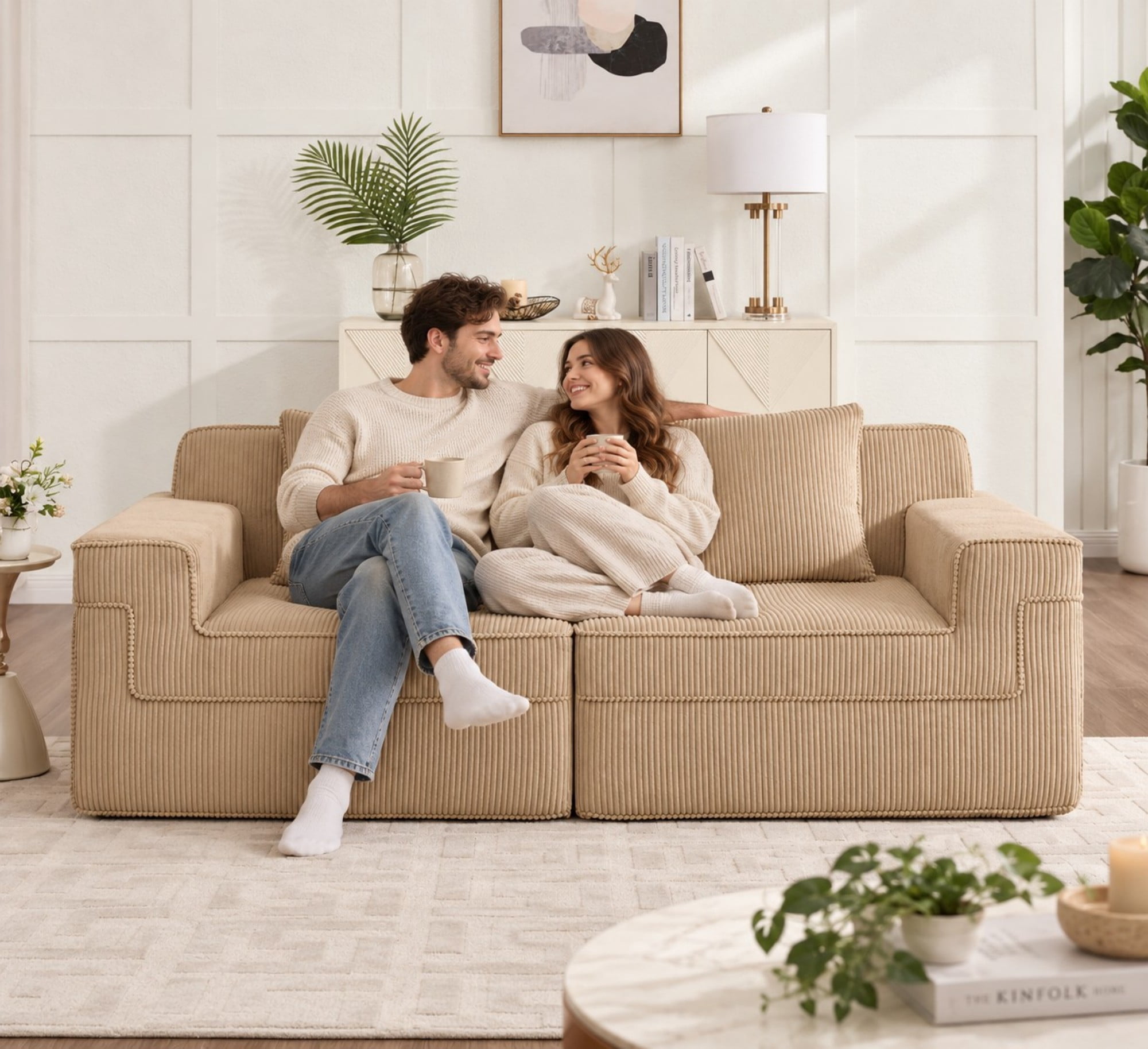 DEALTOPS 81" Modern Corduroy Floor Sofa, Modular 2-Seater Cloud Couch with Deep Seats & 2 Pillows, Beige