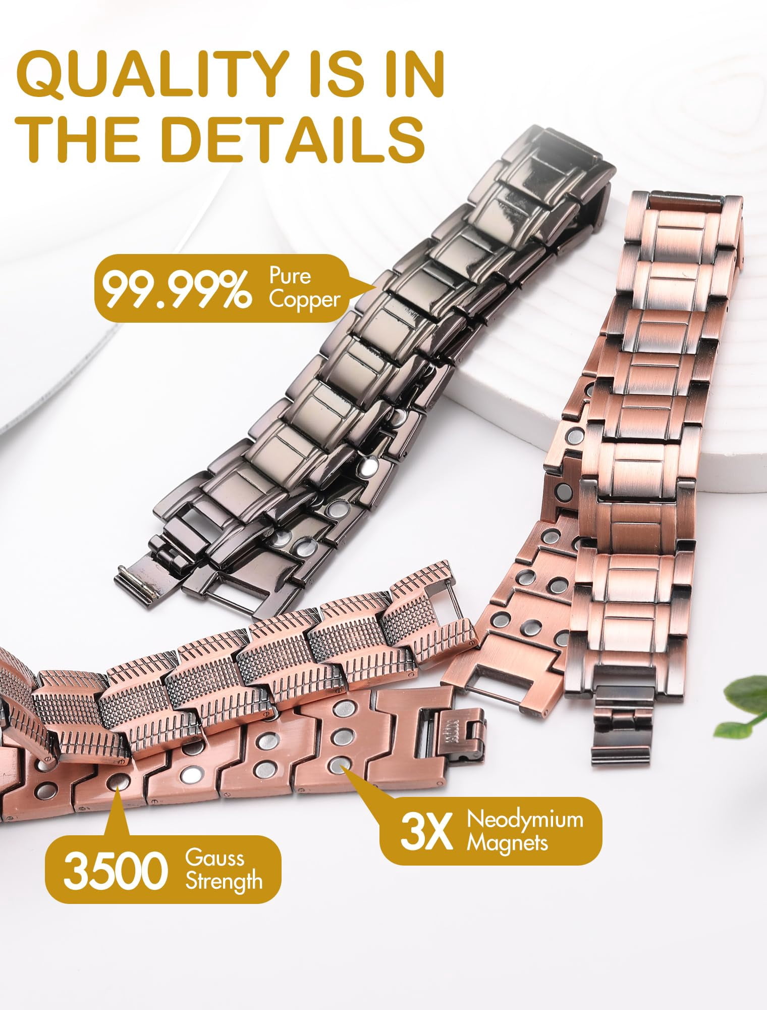 GMOX Men's 99.99% Pure Copper 3X Strength Magnetic Link Bracelet, Adjustable Length