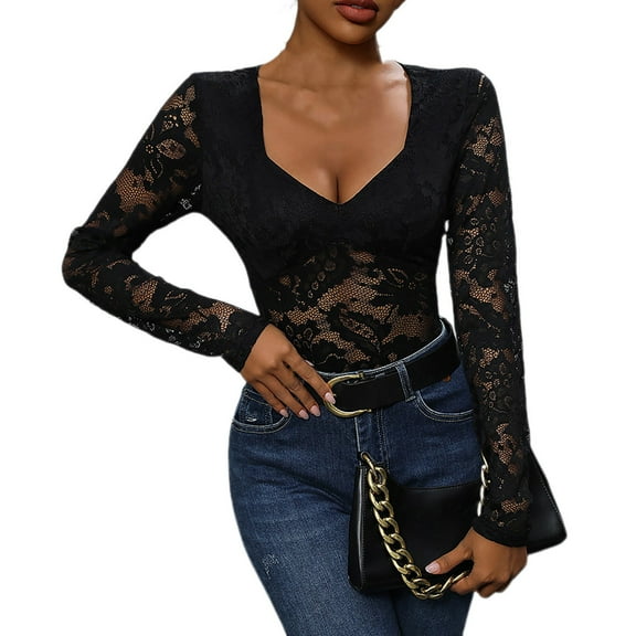 JGGSPWM Women's Sheer Floral Lace Long Sleeve Bodysuit: V Neck Slim Fit Bottom Shirts for Elegant Comfort Black M