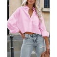 thumbnail image 5 of Womens Button Down Shirts Long Sleeve Casual Crop Tops Solid Lapel Blouse Shirt with Chest Pocket Pink M, 5 of 8