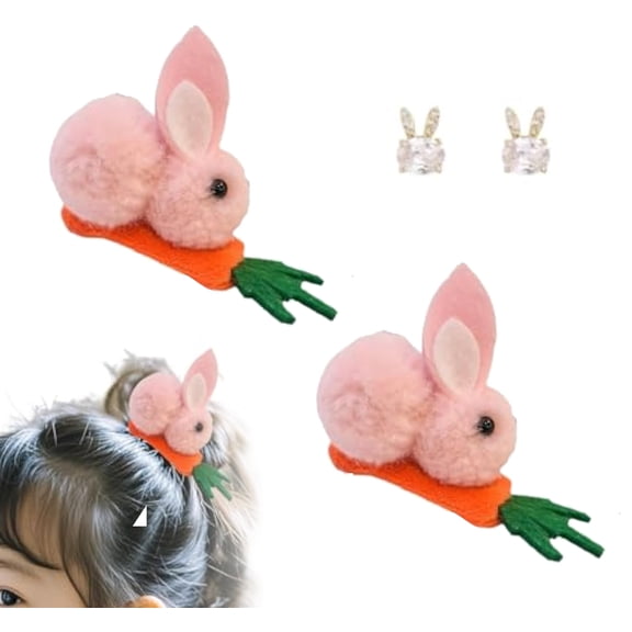 2025 New Easter Bunny Hair Clips for Girls with Bunny Earrings, Cute Easter Bunny Hair Accessories for Easter Decorations, Easter Basket Stuffers, and Easter Party