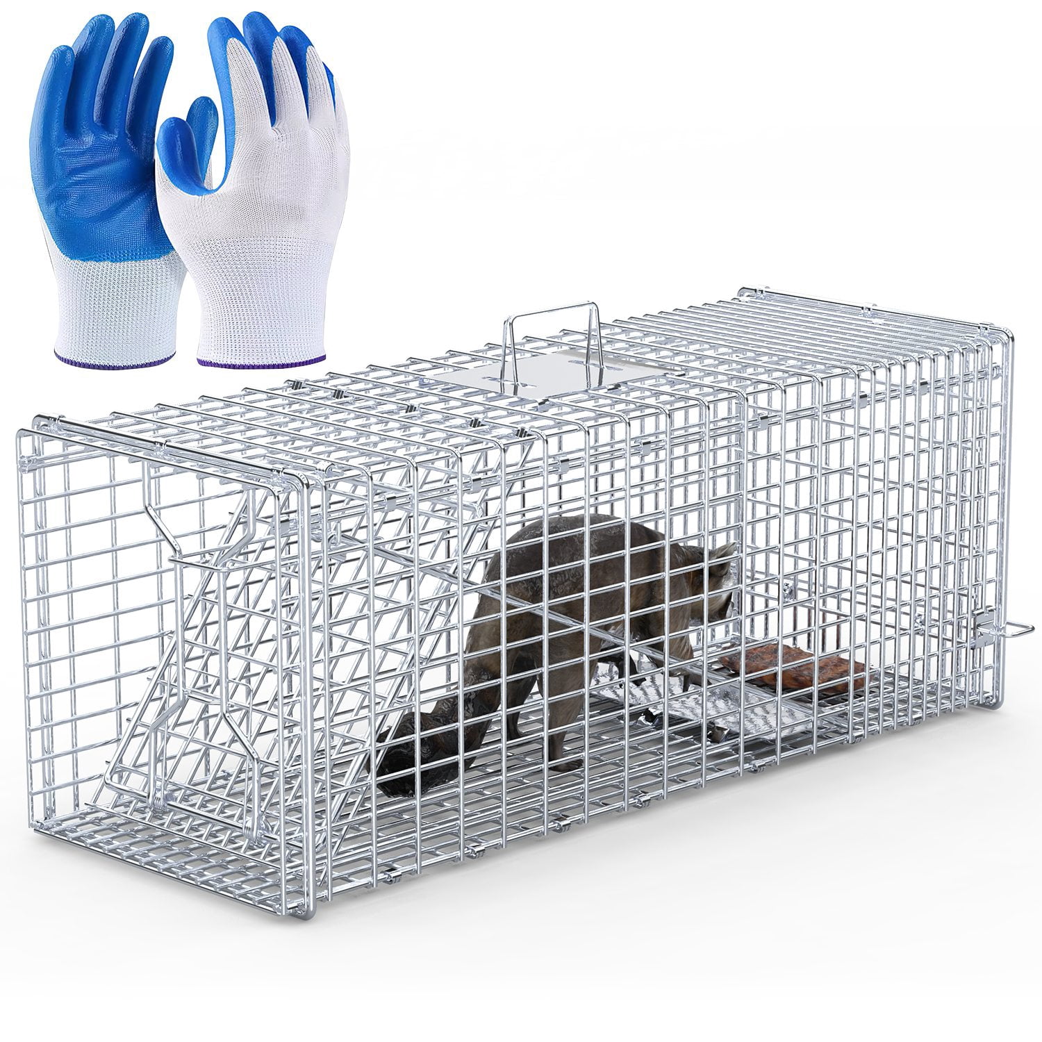 Heavy-Duty Live Animal Trap, 37x14x15 Inch Galvanized Mesh, Sensitive Pedal Trigger & Rear Release Door, Guarded Handle, Foldable Design for Raccoons, Armadillos, Small Dogs Under 55 lbs
