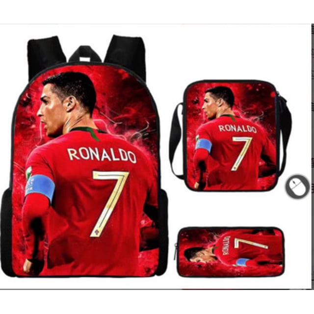 Conjunto de mochila infantil de 3 piezas con diseños de jugadores de fútbol para el colegio.