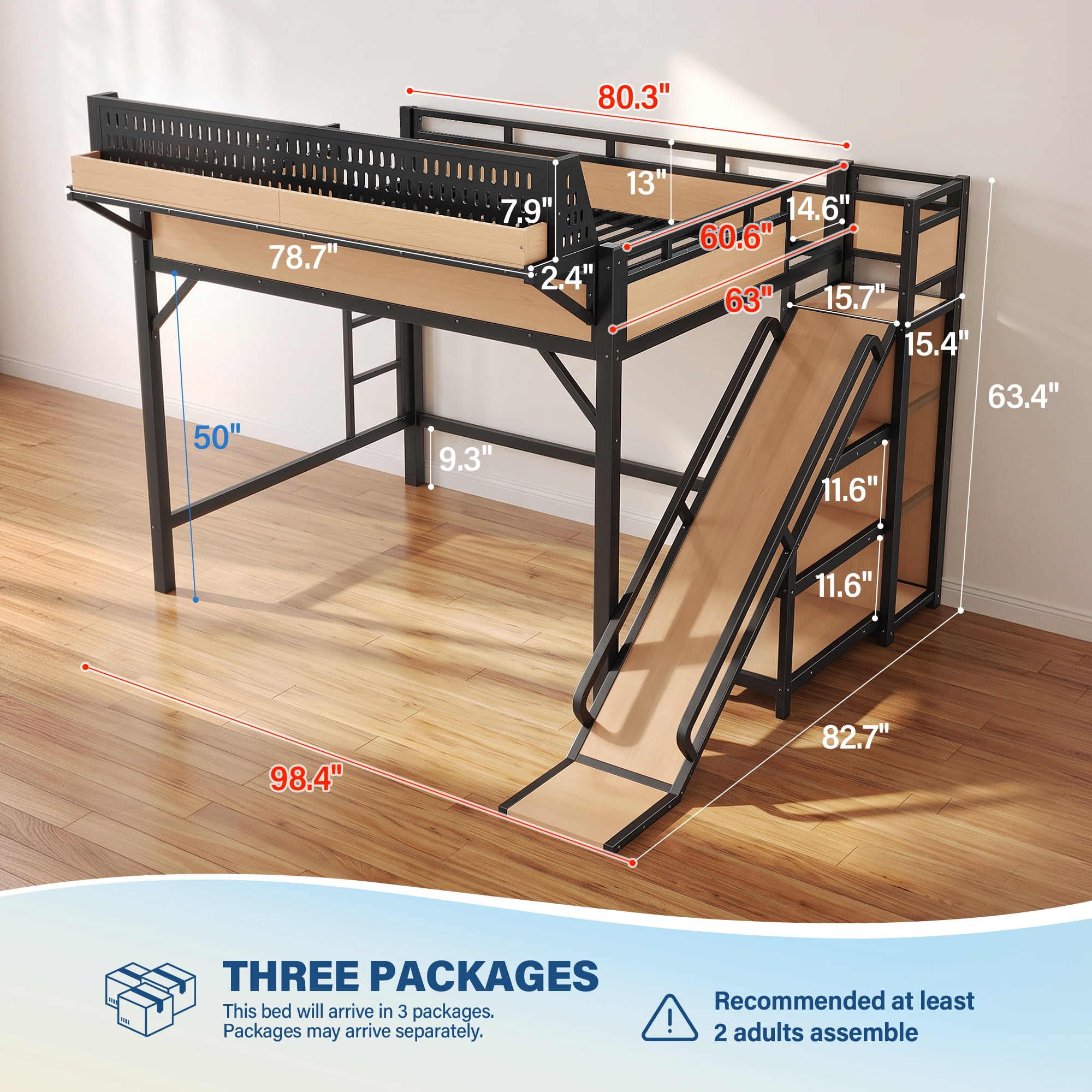 Aukfa Queen Loft Bed with Slide, Shelves, Wardrobe, USB Ports & LED Lights, Heavy-Duty Metal Bed Frame for Kids Teens Adults, Natural