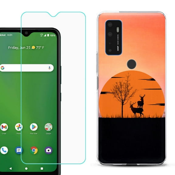 Shockproof Bumper Phone Case for AT&T Radiant Max 5G / Fusion 5G, with Tempered Glass Screen Protector, by OneToughShield ® - Sunset Deer