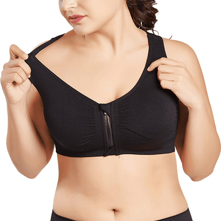 BIMEI Women's Mastectomy Zip Front Sports Bra Plus Size Yoga Wireless  Post-Surgery Bra Black 3XL