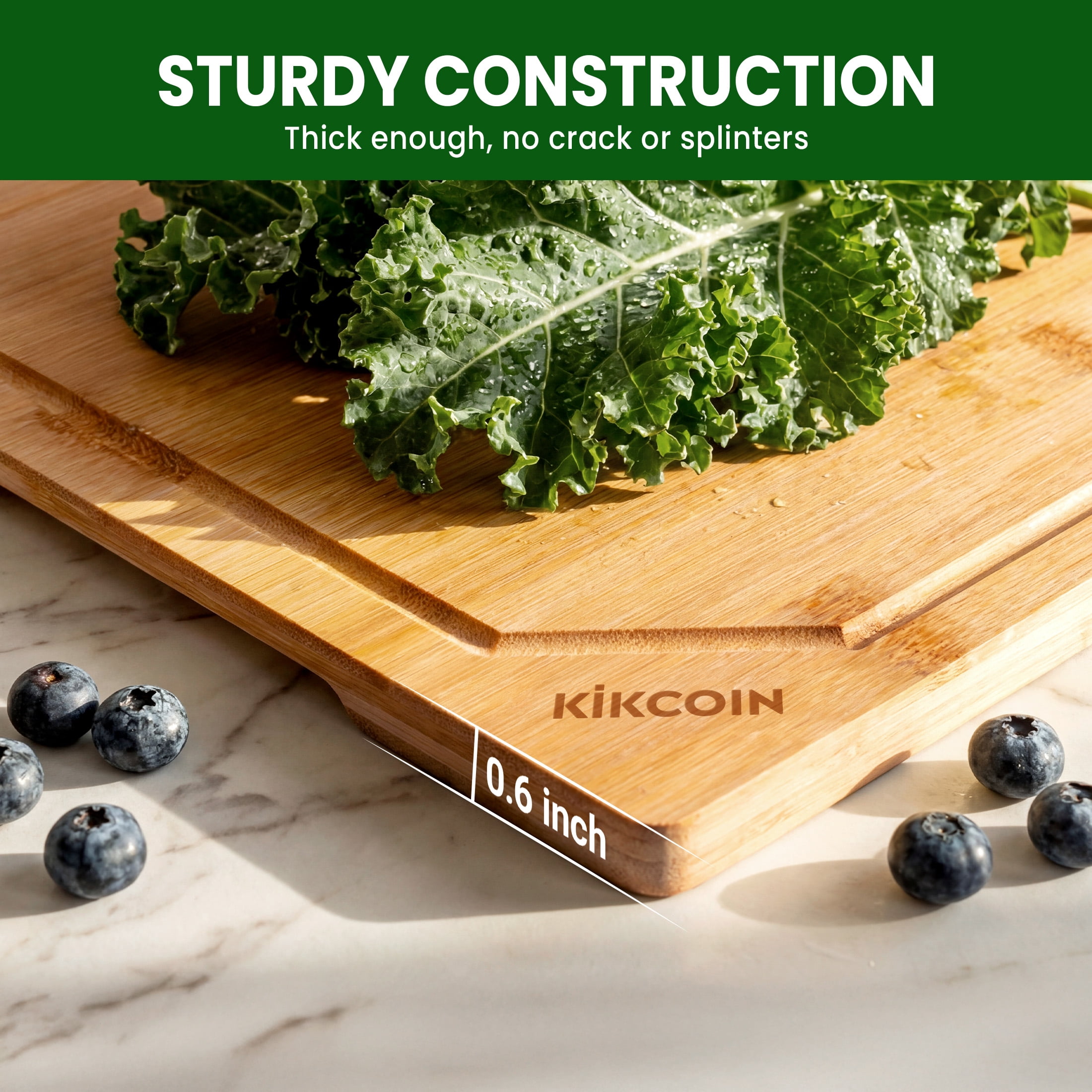 Kikcoin Bamboo Cutting Boards for Kitchen, with Deep Juice Groove and Inner Handle, 17.1" x 11.4"