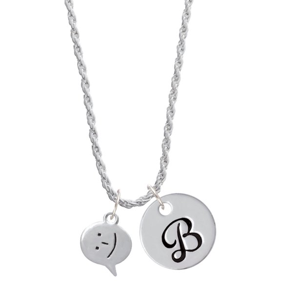 Delight Jewelry Silvertone Emoticon :-) - Smiling - Silvertone Script Initial Disc - B - Charm Necklace, 20"+3"