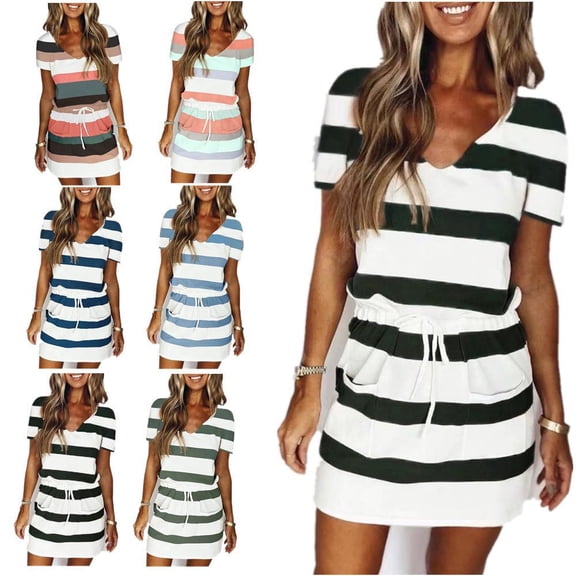 SCHUHLAND Women's V-Neck Striped Dress - Casual Short Sleeve Drawstring T-Shirt Dress, Fashionable Western Style Loose Fit Midi, S-3XL