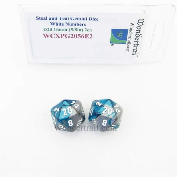 Steel and Teal Gemini Dice with White Numbers D20 Aprox 16mm (5/8in) Pack of 2 Wondertrail
