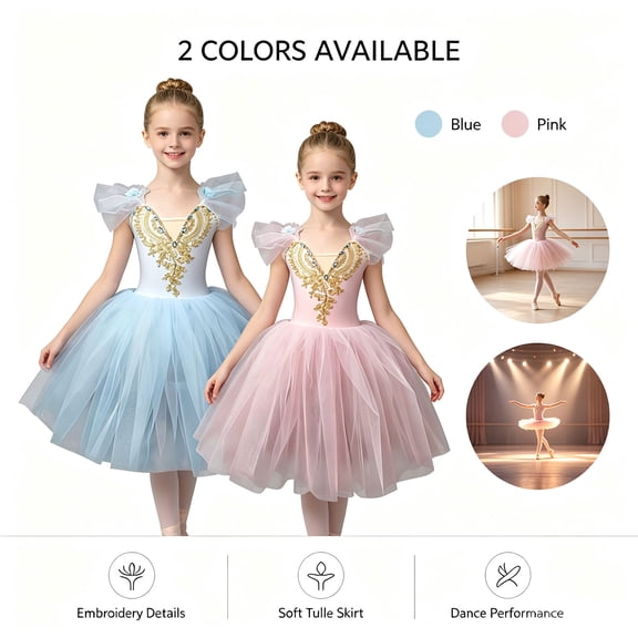 Fancifize Girl's Ballet Swan Lake Tutu Costume Professional Ruffle Sleeve Skirted Leotard Ballerina Dancewear Princess Dress 1-14 Years