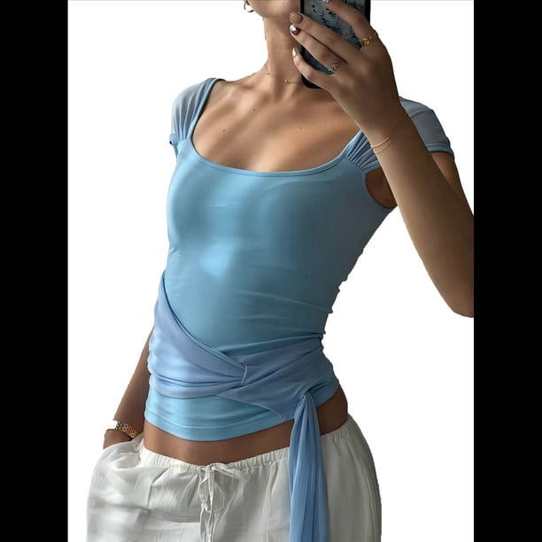 Camisetas de Corta con Cuello Cuadrado para Mujer, Sin Espalda, Ajustadas, Y2K Azul M