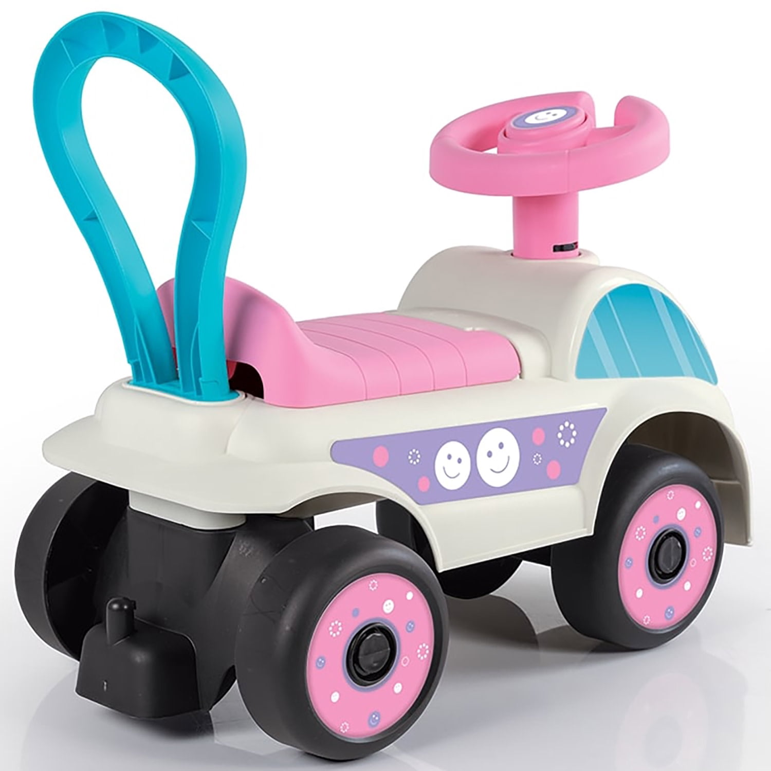 Dolu: Walk & Drive Foot to Floor Car - White & Pink - Ride-On Toy Vehicle, Horn, Storage Seat, Push-Pull Handle, Indoor-Outdoor Play, Toddlers 12mo+
