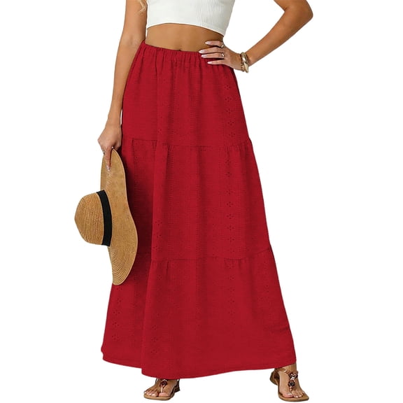 Women's High Waisted Maxi Tiered Skirt Eyelet Embroidery Cotton Boho Flowy A-Line Long Skirt with Elastic Waist For Summer Beach Vacation Casual Daily Wear