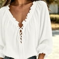 thumbnail image 4 of Elwylmiz Women's 3/4 Sleeve Tops Lace Up V Neck Blouses Boho Ruffled Trim Loose Fit Casual Shirts Summer Fall Outfits, 4 of 8