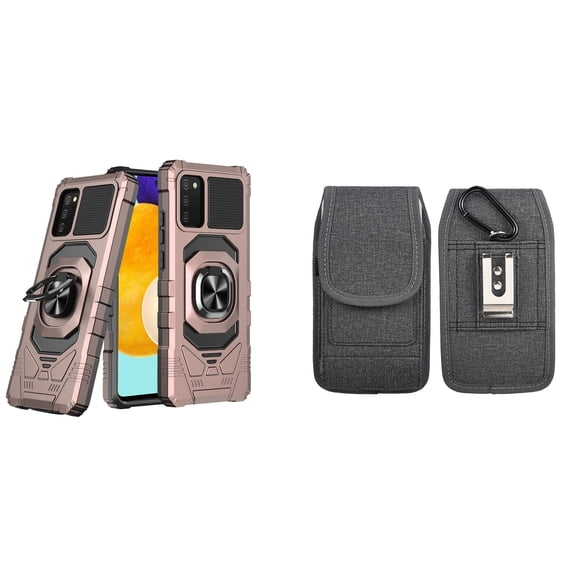 Case with Belt Holster Bundle for Samsung Galaxy A03s: Heavy Duty Series Protection Cover (Rose Gold) and Vertical Phone Pouch Nylon Fabric (Grey)