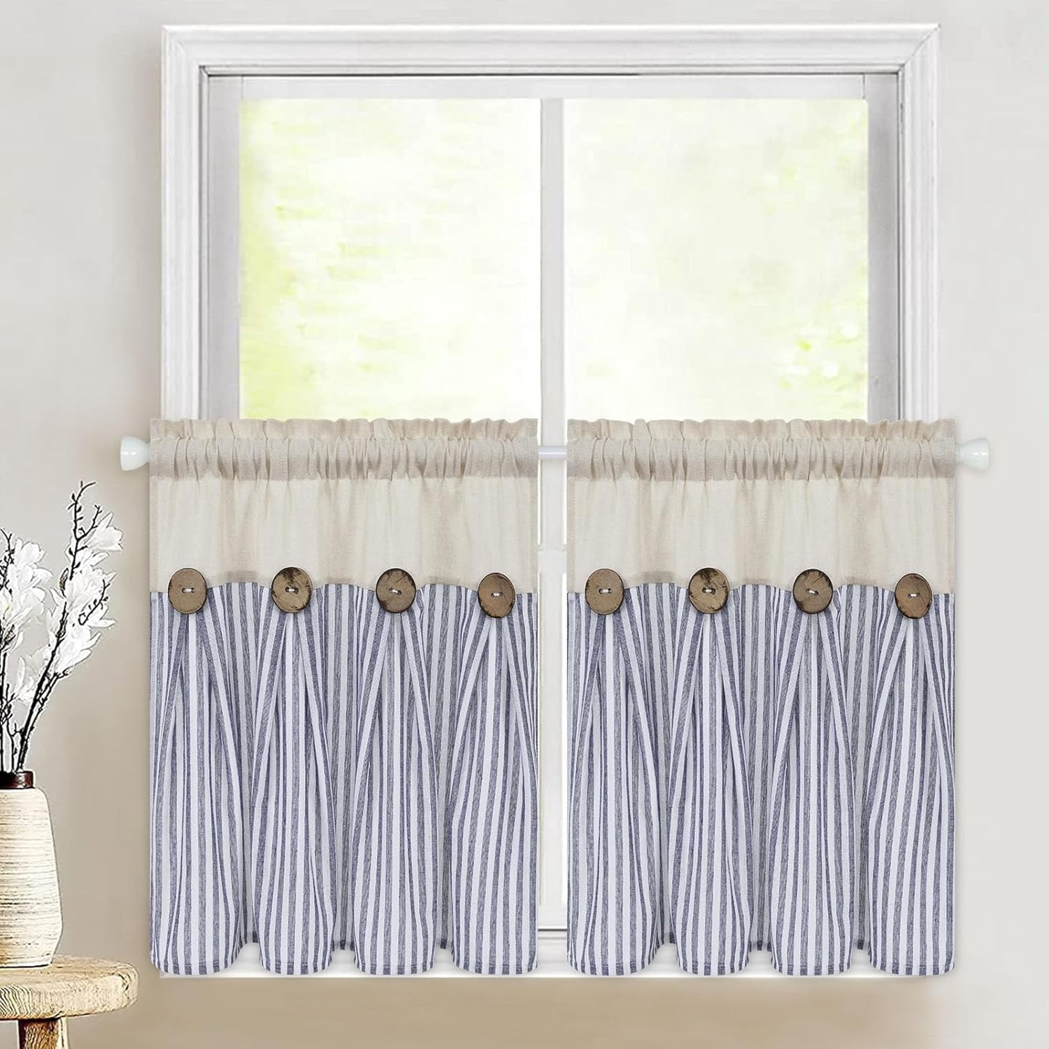 Alishomtll Stripe Kitchen Curtains 8 Button Linen Cotton Window Curtains Sets 24 Inches Long ,Rod Pocket ,Blue