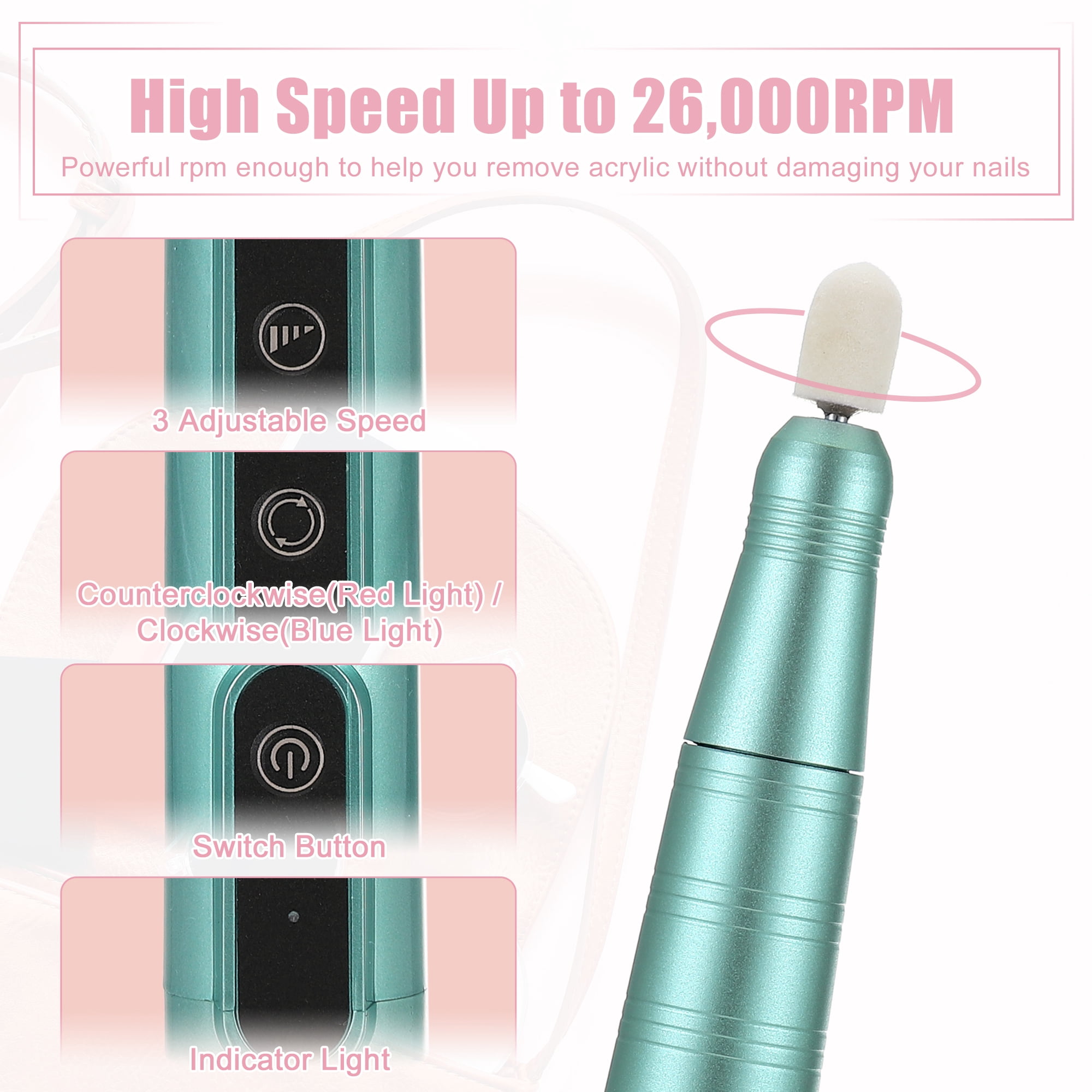 Electric Cordless Nail Drill Kit 26000RPM Nail Drill MachineNail Drill for Manicure Polishing Green