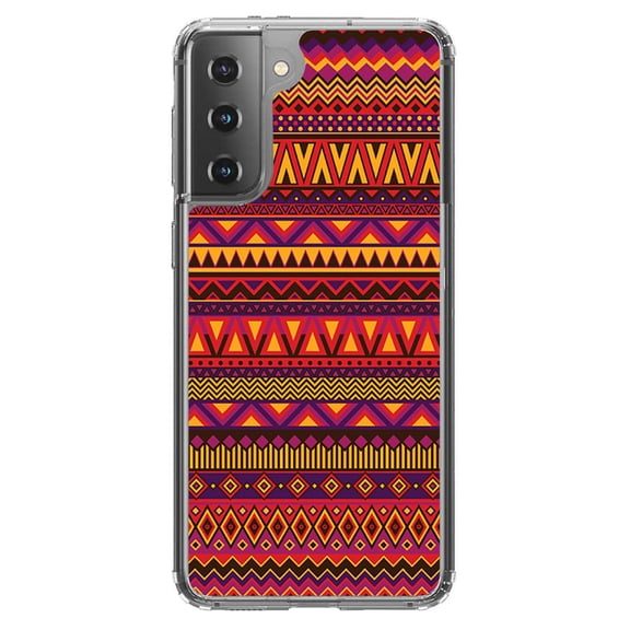 DistinctInk Clear Shockproof Hybrid Case for Galaxy S21  PLUS 5G (6.7" Screen) - TPU Bumper, Acrylic Back, Tempered Glass Screen Protector - Purple Red Yellow Tribal Print