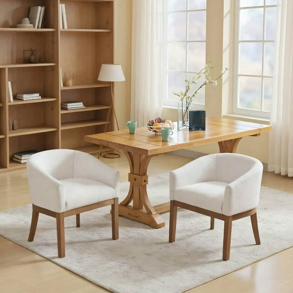 Yardi Yarda Mid Century Upholstered Barrel Dining Chairs with Arms, Farmhouse Linen Chairs with Natural Hardwood Frame, 19" W Accent Chairs for Indoor, Beige